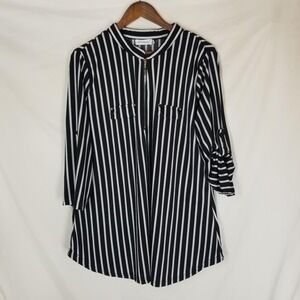 NINEDAILY Womens 2XL BLACK & WHITE STRIPED JERSY BLOUSE‎ ZIP FRONT 3/4 SLEEVES
